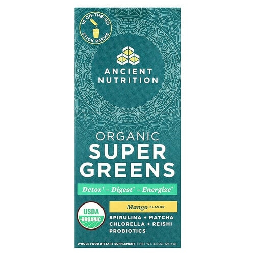 Ancient Nutrition Organic Super Greens Mango 16 On The Go Stick Packs 0 3 Oz 7 7 G Each product image