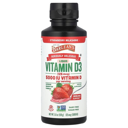 Barlean S Seriously Delicious Liquid Vitamin D3 Strawberry Milkshake 125 Mcg 5 000 Iu 5 6 Oz 159 G product image