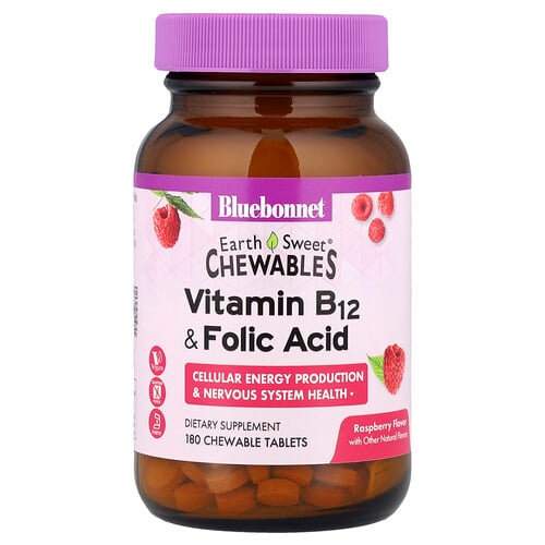 Bluebonnet Nutrition Earthsweet Chewables Vitamin B 12 Folic Acid Raspberry 180 Chewable Tablets product image