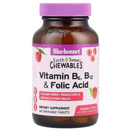 Bluebonnet Nutrition Earth Sweet Chewables Vitamin B6 B12 Folic Acid Raspberry 60 Chewable Tablets