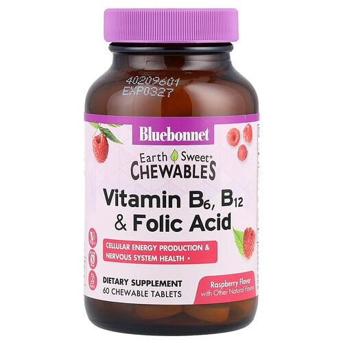 Bluebonnet Nutrition Earth Sweet Chewables Vitamin B6 B12 Folic Acid Raspberry 60 Chewable Tablets product image