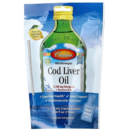 Carlson Wild Norwegian Cod Liver Oil Natural Lemon 15 Liquid Packets 0 17 Fl Oz 5 Ml Each product image