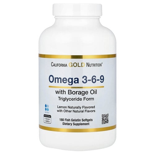 California Gold Nutrition Omega 3 6 9s With Omega 3 Fish Oil And Borage Seed Oil Epa Dha Gla And Linoleic Acid Natural Lemon 180 Fish Gelatin Softgels product image