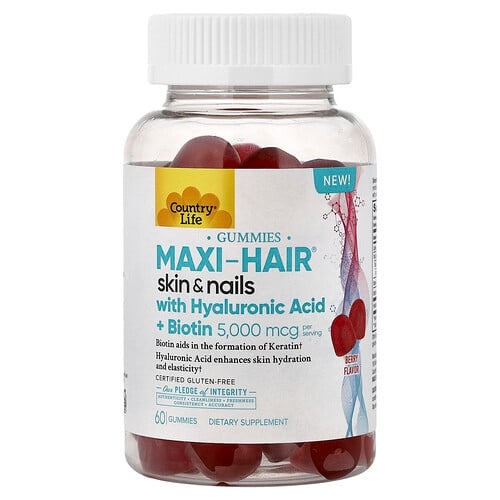 Country Life Maxi Hair Skin Nails Gummies With Hyaluronic Acid Biotin Berry 60 Gummies product image