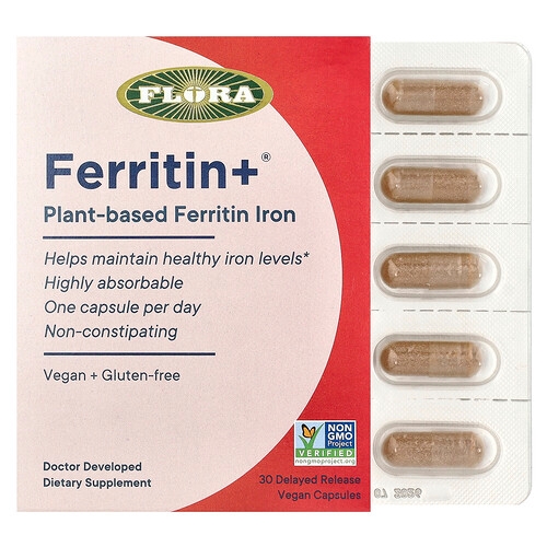 Flora Ferritin Plant Based Ferritin Iron 30 Delayed Release Vegan Capsules 20 Mg Per Capsule product image