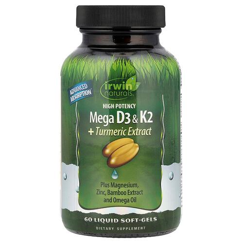 Irwin Naturals High Potency Mega D3 K2 Turmeric Extract 60 Liquid Soft Gels product image