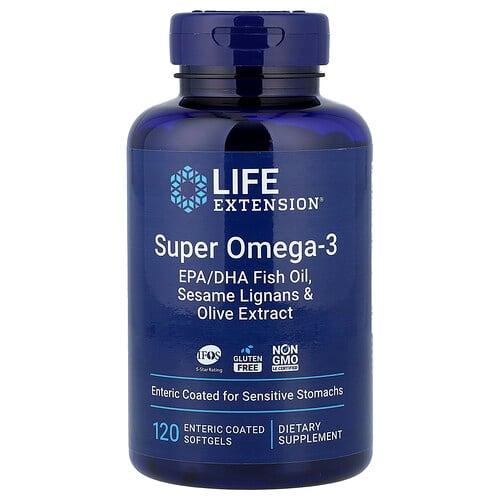 Life Extension Super Omega 3 Epa Dha Fish Oil Sesame Lignans Olive Extract 120 Enteric Coated Softgels product image