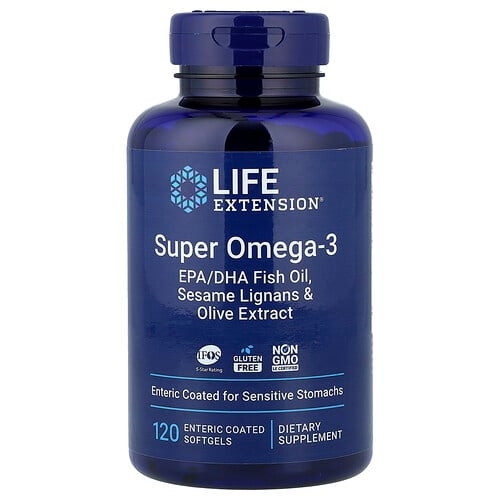 Life Extension Super Omega 3 Epa Dha Fish Oil Sesame Lignans Olive Extract 120 Enteric Coated Softgels product image