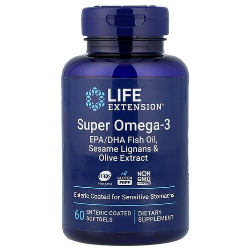 Life Extension Super Omega 3 Epa Dha Fish Oil Sesame Lignans Olive Extract 60 Enteric Coated Softgels product image