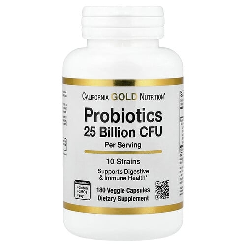 California Gold Nutrition Probiotics With Lactobacillus Acidophilus Bifidobacterium Lactis Lactobacillus Plantarum And Lactobacillus Casei 10 Strain Blend 25 Billion Cfu 180 Veggie Capsules product image