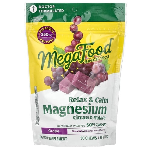 Megafood Magnesium Citrate Malate Grape 30 Individually Wrapped Soft Chews 125 Mg Per Chew product image