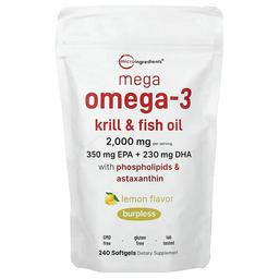 Micro Ingredients Mega Omega 3 Krill Fish Oil With Phospholipids Astaxanthin Lemon 240 Softgels
