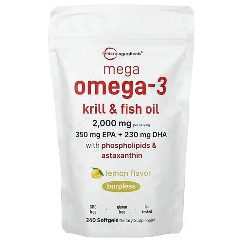Micro Ingredients Mega Omega 3 Krill Fish Oil With Phospholipids Astaxanthin Lemon 240 Softgels product image