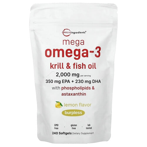 Micro Ingredients Mega Omega 3 Krill Fish Oil With Phospholipids Astaxanthin Lemon 240 Softgels product image