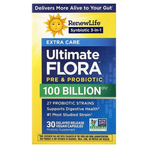 Renew Life Extra Care Ultimate Flora Prebiotic Probiotic 100 Billion Cfu 30 Delayed Release Vegan Capsules product image