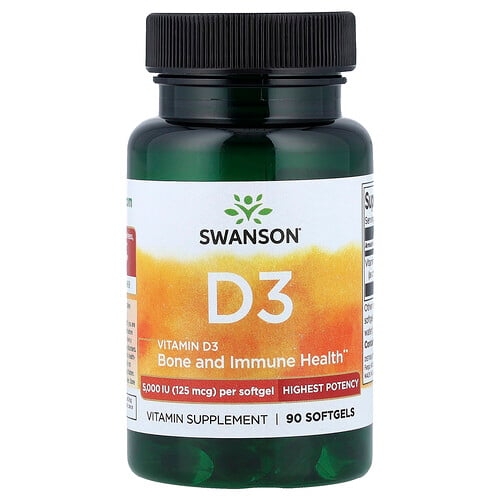 Swanson Vitamins Vitamin D3 Highest Potency 125 Mcg 5 000 Iu 90 Softgels product image