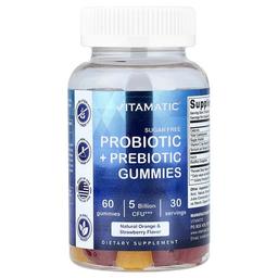 Vitamatic Probiotic Prebiotic Gummies Sugar Free Natural Orange Strawberry 60 Gummies 2 5 Billion Cfu Per Gummy
