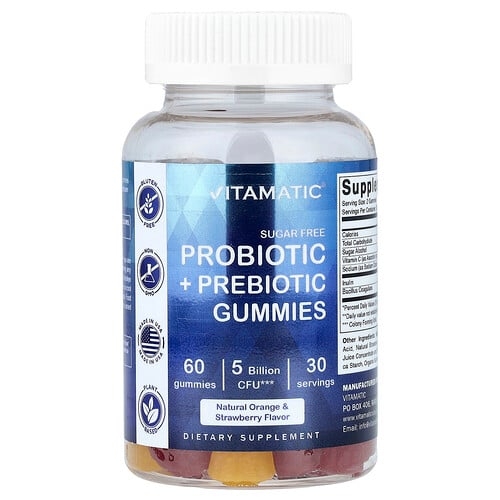 Vitamatic Probiotic Prebiotic Gummies Sugar Free Natural Orange Strawberry 60 Gummies 2 5 Billion Cfu Per Gummy product image